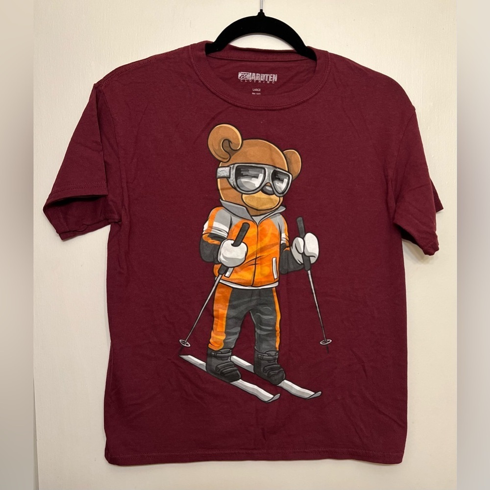 Hardten Maroon Graphic T-Shirt Large - Skiing Teddy Bear Goggles Tee